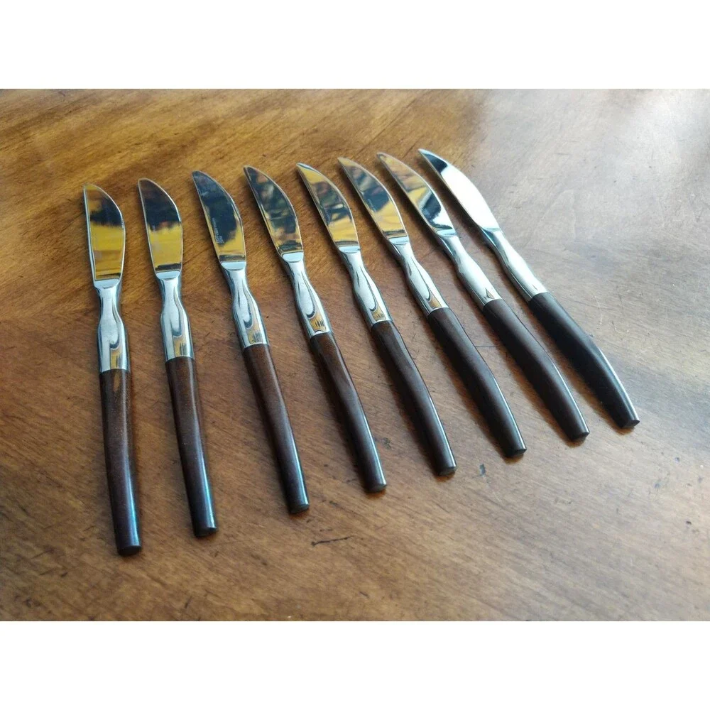 Lot 8x Dinner Knives Ekco Eterna La Joya Stainless Faux Wood MCM EKS14 8.8